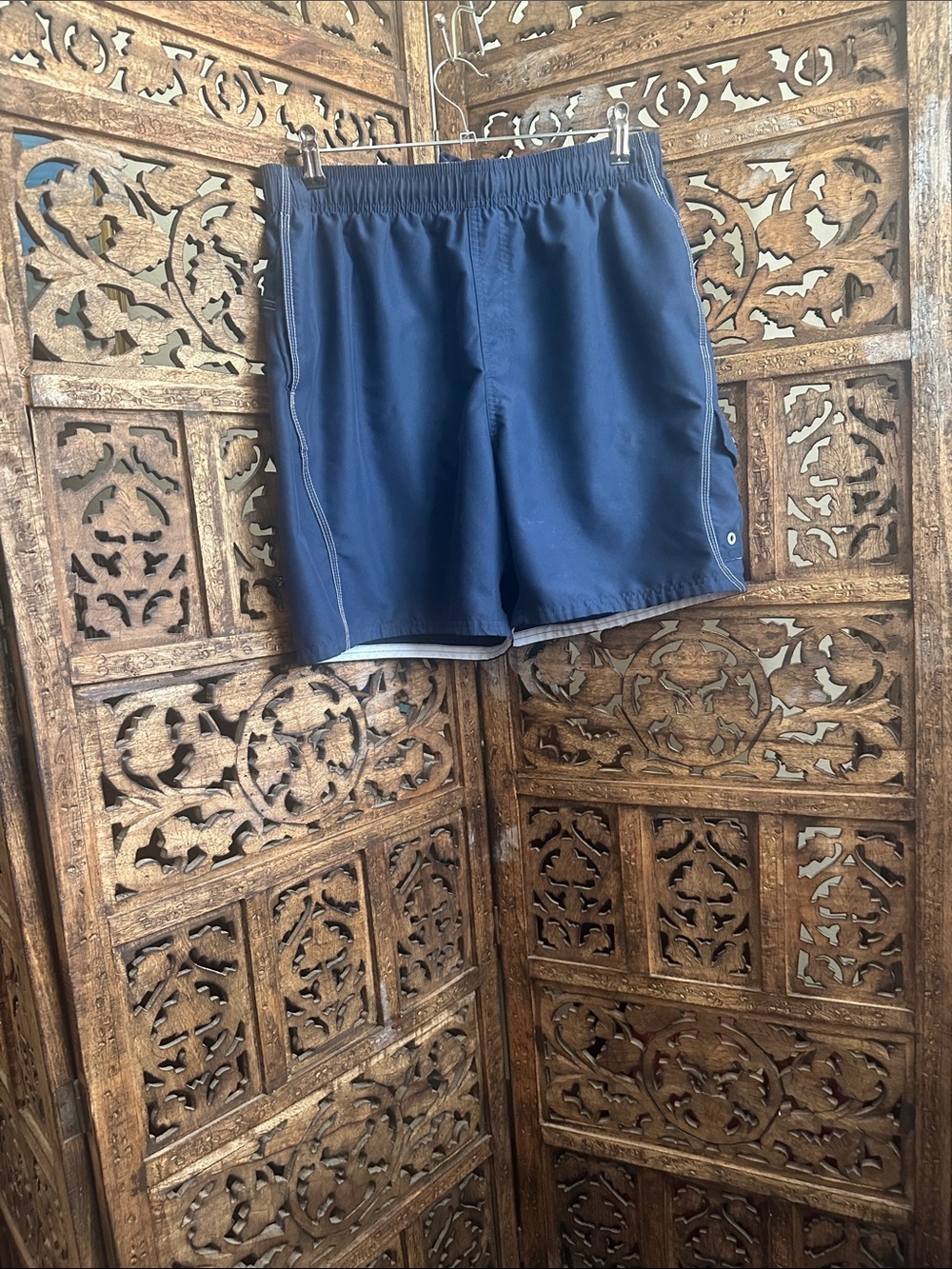 Nike Navy and White Swim Shorts with Drawstring